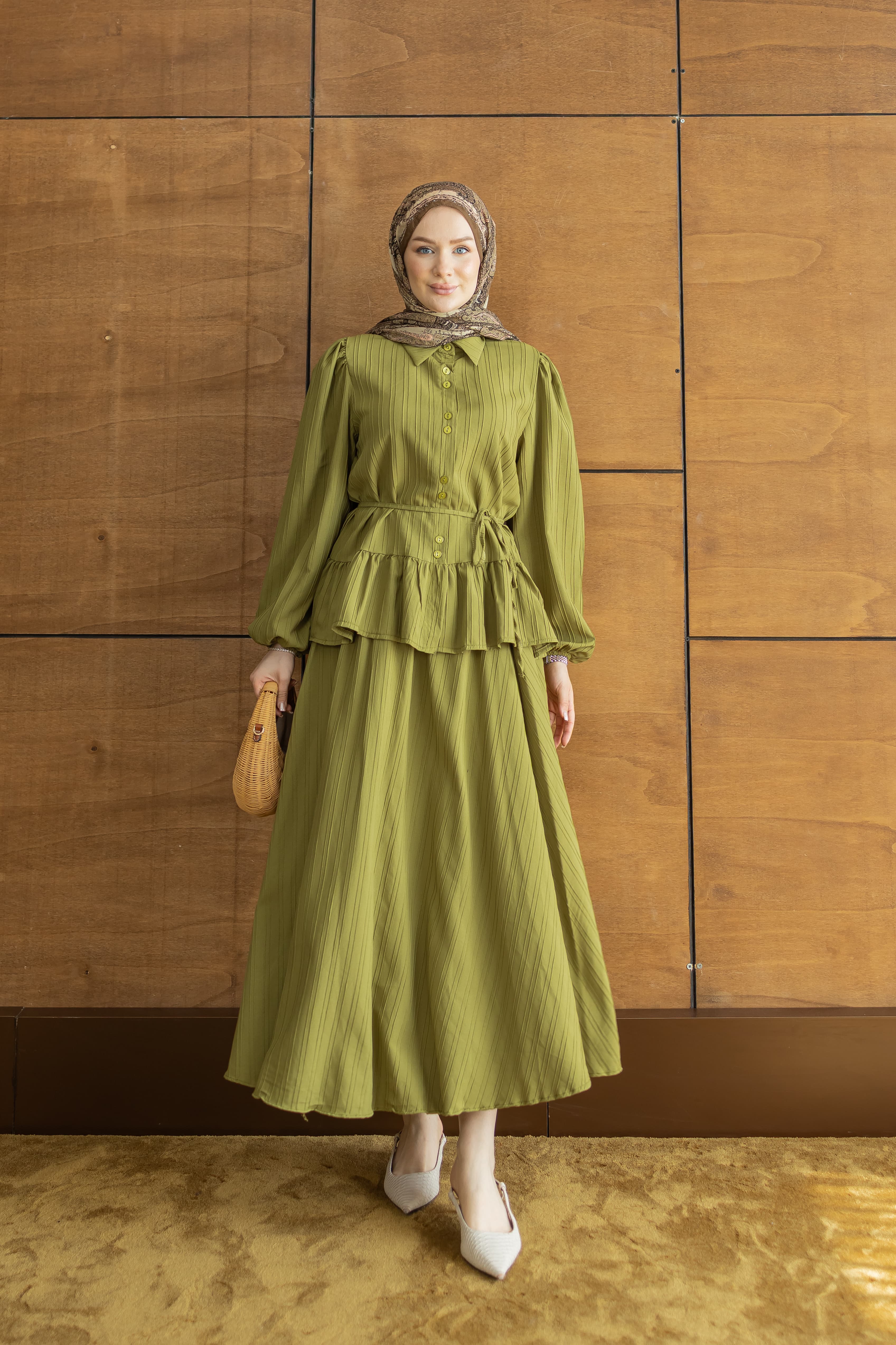 Zeytin peplum detaylı elbise